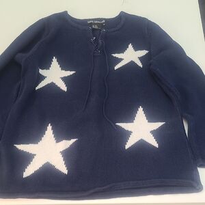 Nina Leonard Womens Sweater 1X Navy w/ White Stars Pull Over Pull String Casual